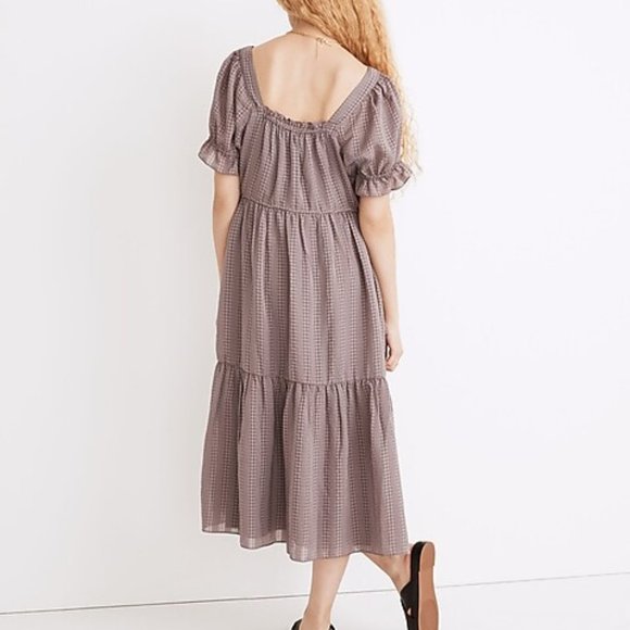 153 Madewell Square-Neck Tiered Midi Dress in Textured Seersucker Fig sz XXL - Picture 3 of 10
